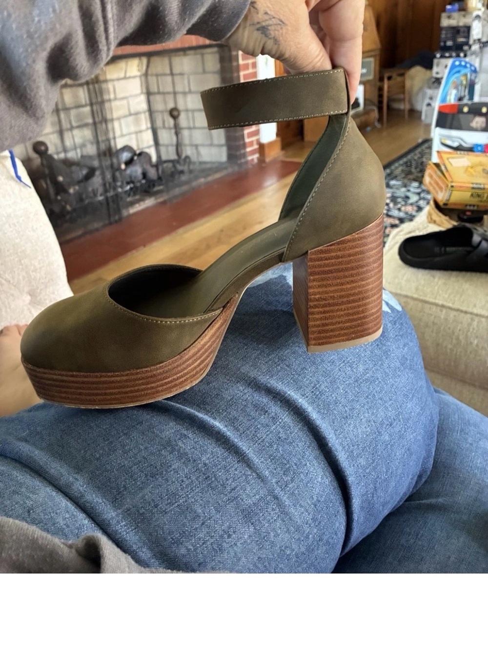 House of Harlow 1960 Olive Green Ankle-Strap Platform Heels